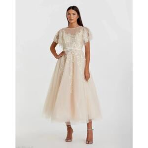 Mac Duggal 20362 Nude Embellished Flutter Sleeve Bow Waist A-Line Gown size 6